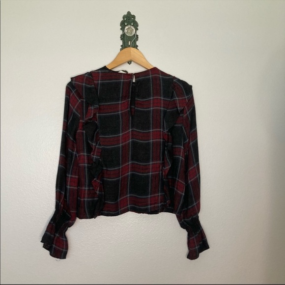 Zara Red & Gray Tartan Plaid Ruffle Top - Picture 2 of 4